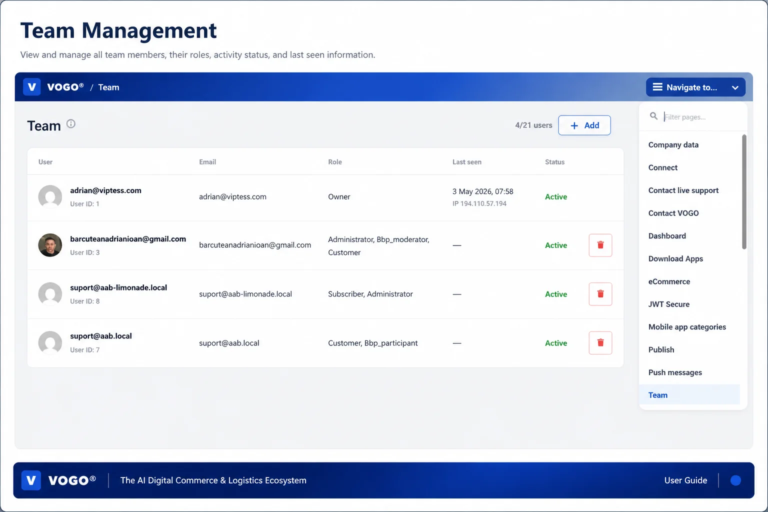 Team management — interface overview